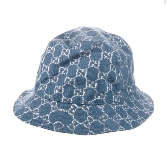 Gucci logo bucket hat. Size medium. Blue (denim) and silver gucci-Cotton-Wide-Brim-Gg-  main image 3